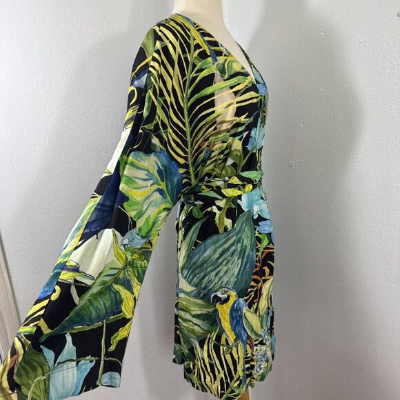 H M Dress Womens L Short Kaftan Multi Tropical Parrot Belted Vacation Resort - Picture 4 of 12